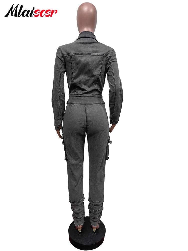 Mlaiscsr Women Stretch Denim Gray Cargo Jumpsuit with Bandage Turn Down Collar Zip-up 3D Pockets Slim Jeans Overalls Romper New