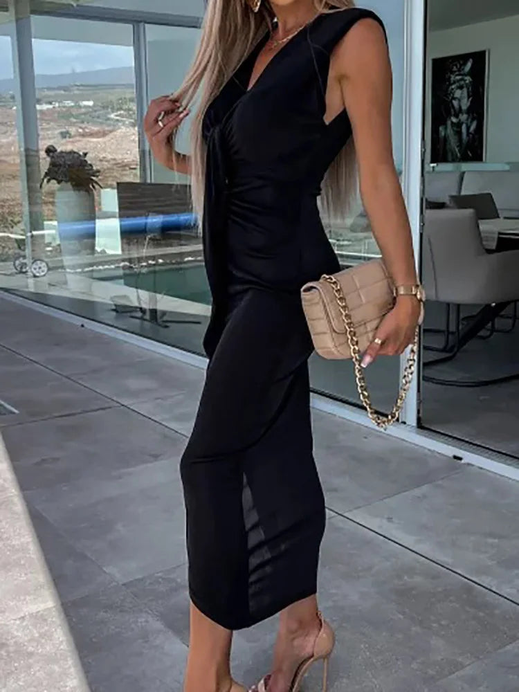 Office Lady Loungewear Deep V-Neck Maxi Dress Women Summer Sleeveless Solid Slim Fit Folds Party Dress Streetwear Dropshipping