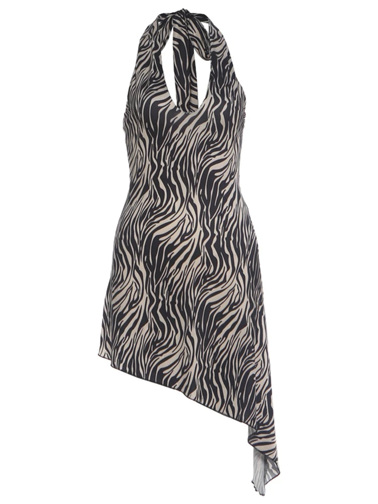 Zebra Striped Bandage Halter Backless Mini Bodycon Dress for Women