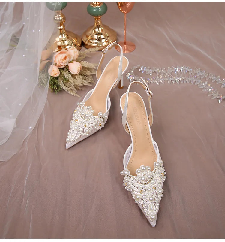 Lace Pearl Beaded Pointed Toe Stiletto Heels for Women