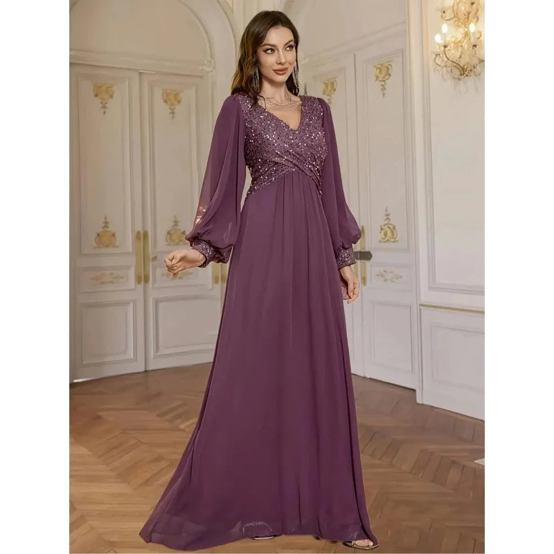V-Neck Sequined Chiffon Evening Gown
