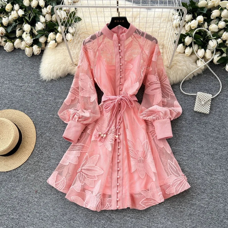 Elegant Embroidered Lantern Sleeve Midi Dress for Women