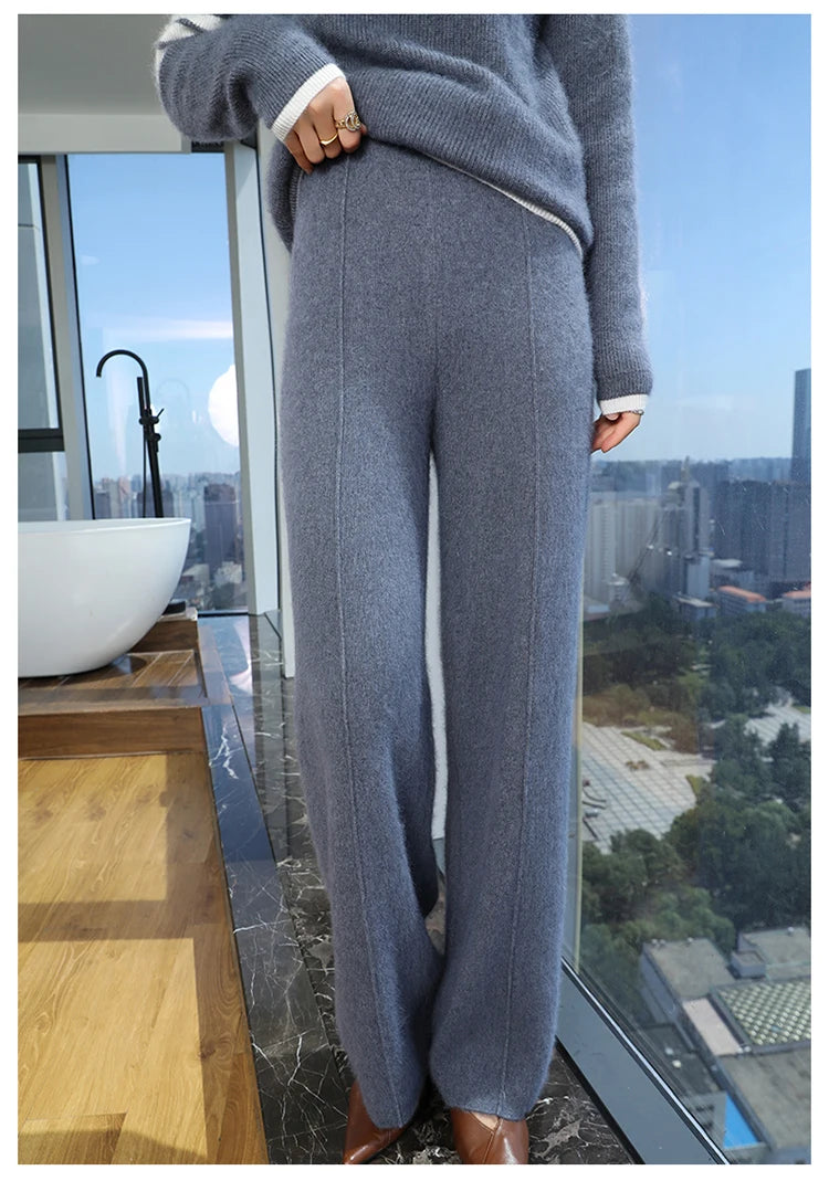 Elastic Waist Wide-Leg Knitted Cashmere Trousers for Women