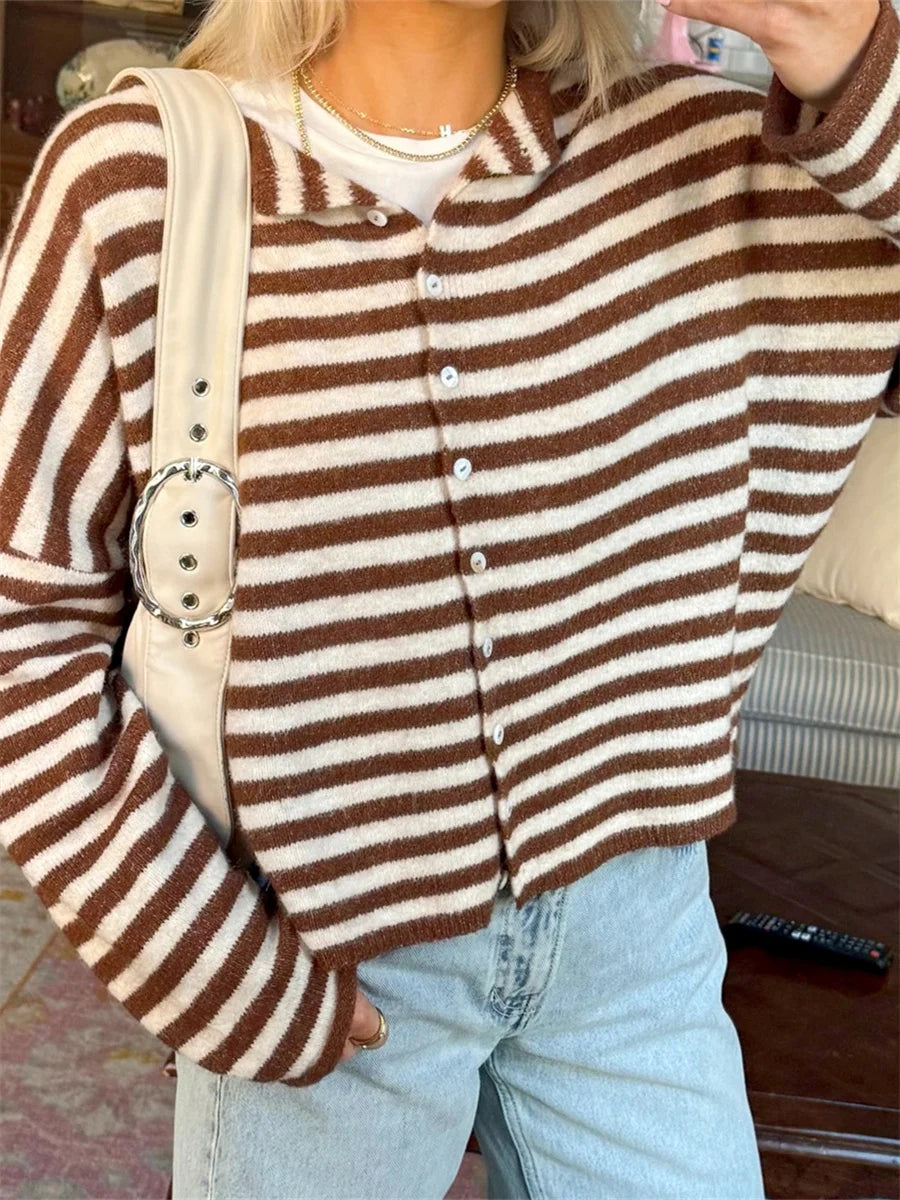 Striped Button Front Knit Cardigan Sweater for Women