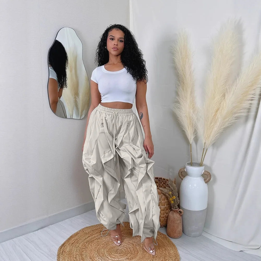 FAGADOER Casual Ruched Patchwork Lantern Sleeve Pants Women High Waist Drawstring Patchwork Pants Female Streetwear Trousers New