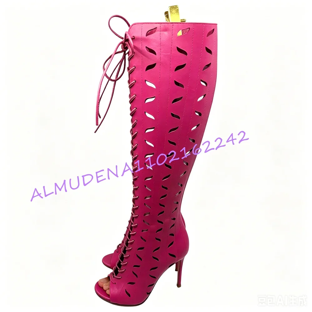 Open Toe Cutout Lace Up Knee High Stiletto Boots for Women