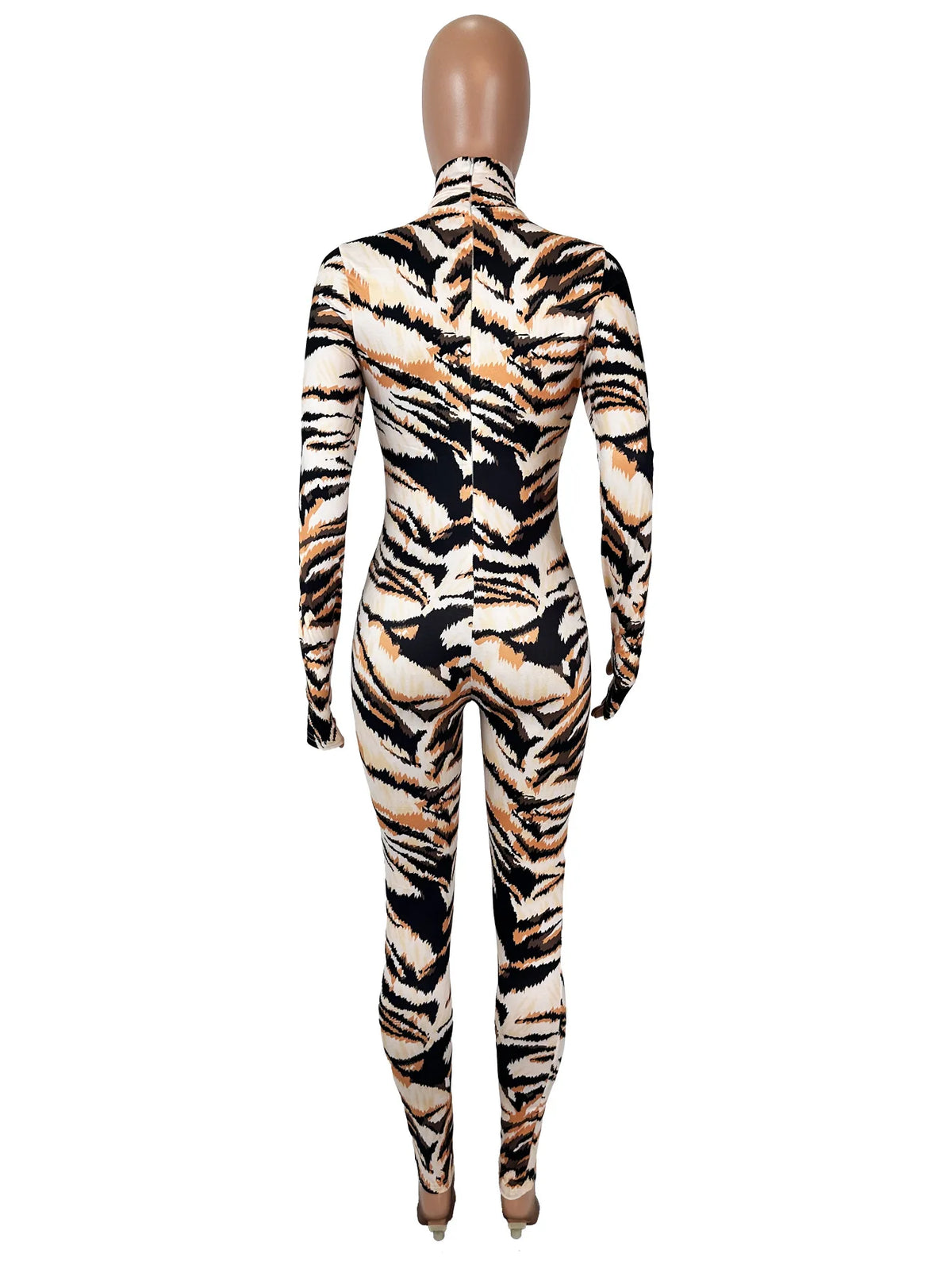 Tiger Print Patchwork Long Sleeve Bodycon Jumpsuit for Women