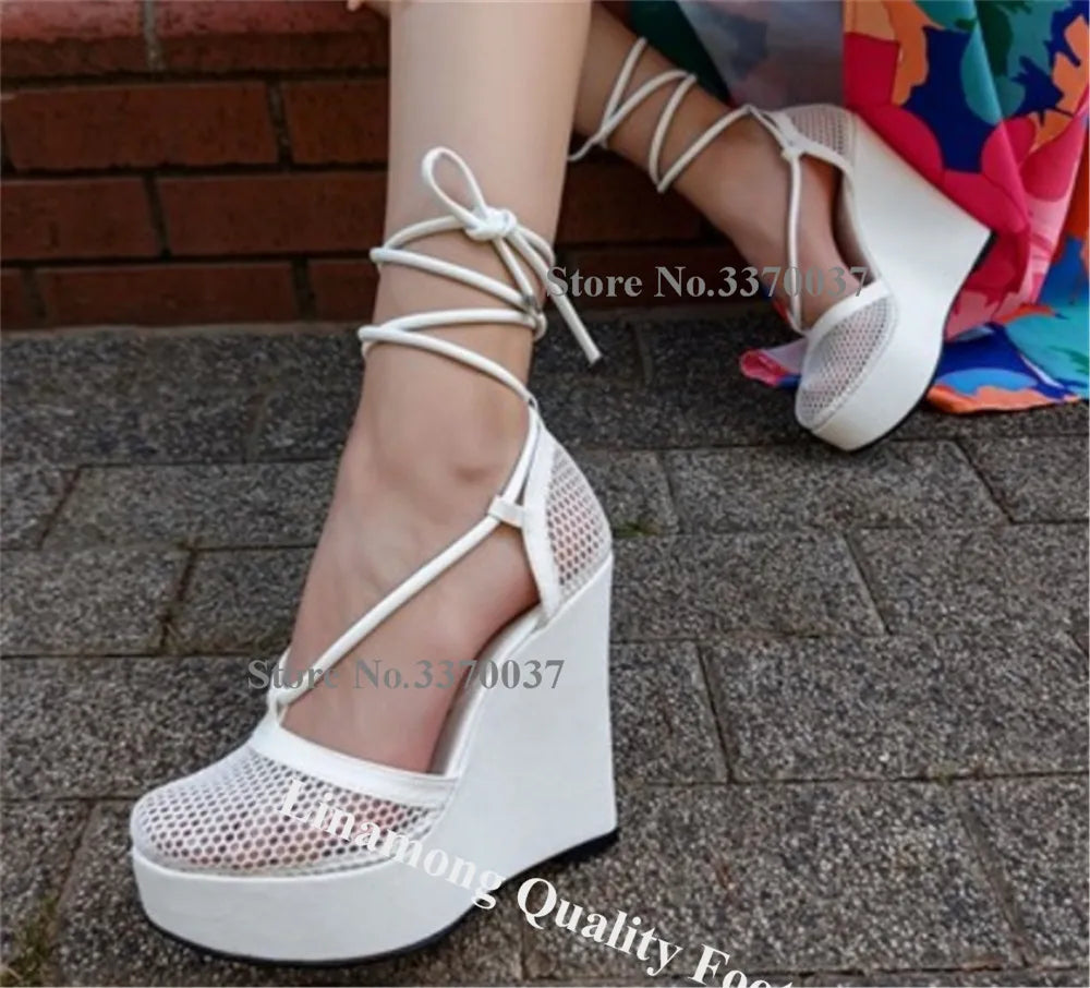 Round Toe Mesh Lace Up Cross Strap Wedge Sandals For Women