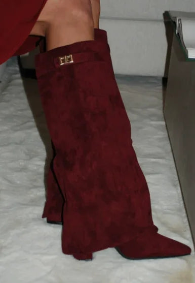 Pointed Toe Thick High Heel Mid Calf Boots for Women