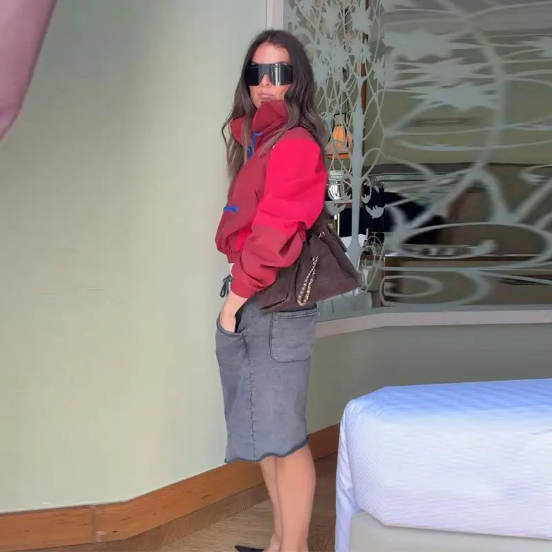 Contrast Half-Zip Stand Collar Short Jacket for Women