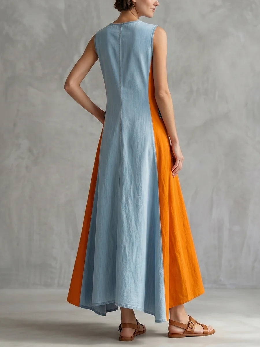 Blue Orange Color Block Round Neck Sleeveless Maxi Dress for Women