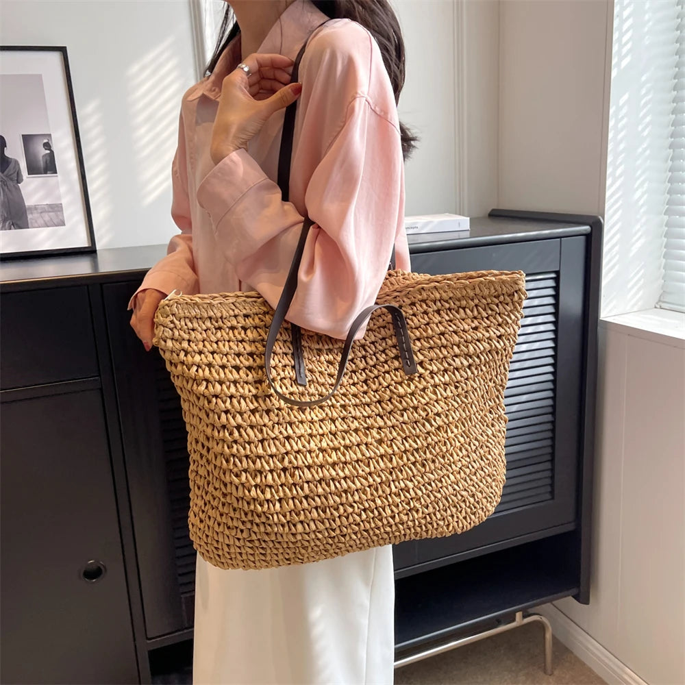Large Capacity Straw Woven Shoulder Tote Bag for Women