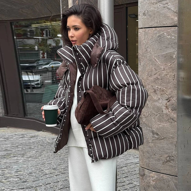 Striped Cotton Quilted Coat Single Breasted for Women