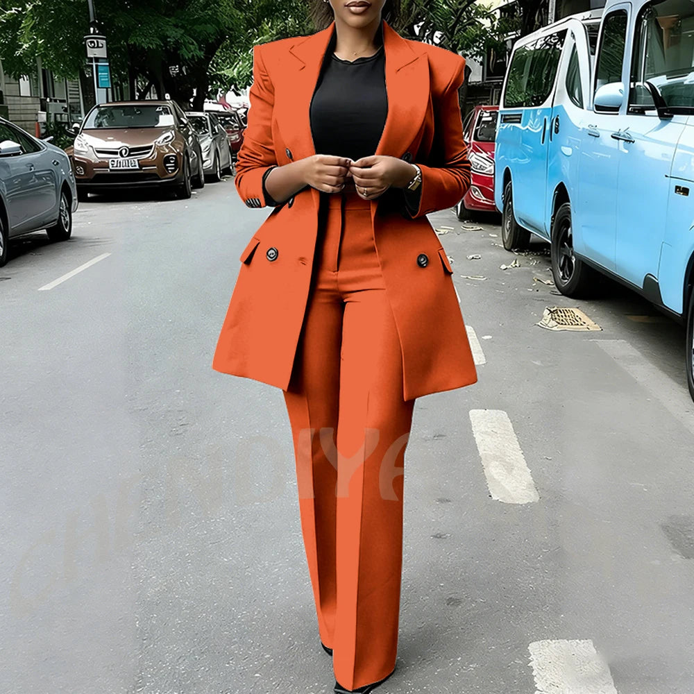 High Quality Women Suits Double Breasted Straight Formal 2 Piece Jacket Pants Peak Lapel High Street Daily Office Casual Suit