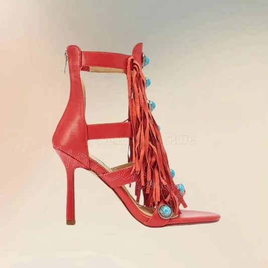Red Tassel Button Heel Sandals