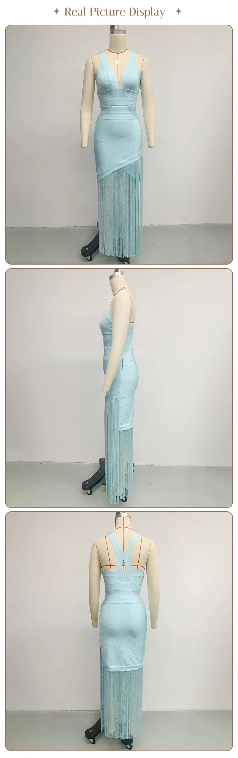 Light Blue Halter Neck Sleeveless Fringe Bandage Maxi Dress for Women