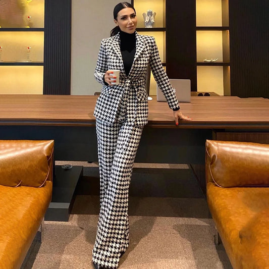 New Style Houndstooth Women Suits 2 Pieces Jacket Pants Smart Casual High-end Office Lady Blazer Set Luxury Conjuntos De Mujer