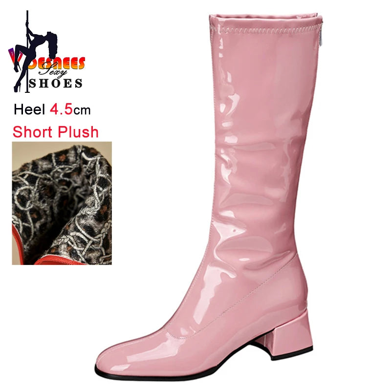 Red Patent Leather Square Toe Knee-High Boots for Women