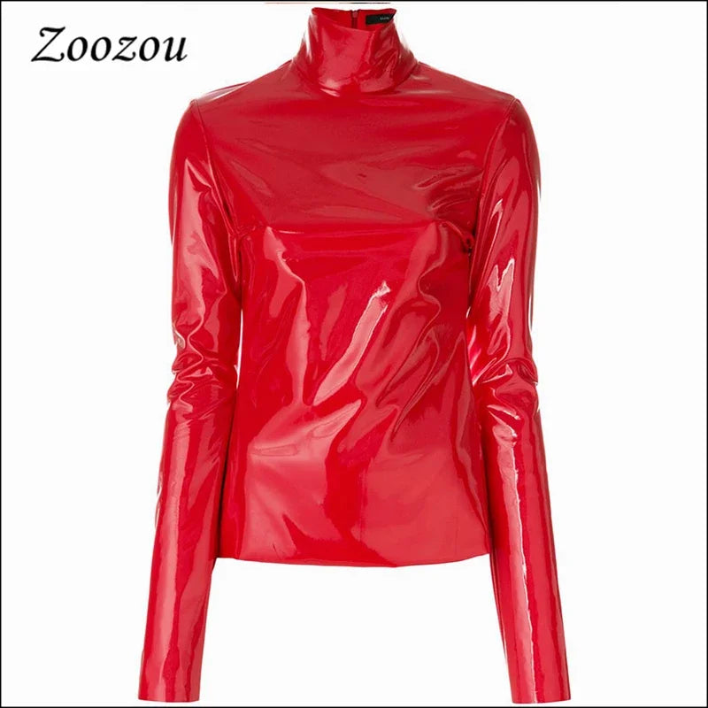 Faux Patent Leather Turtleneck Top