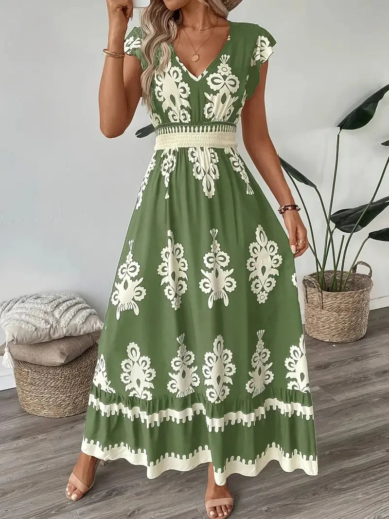 Beach Print Midi with V-Neck and High Waist Dress for Women