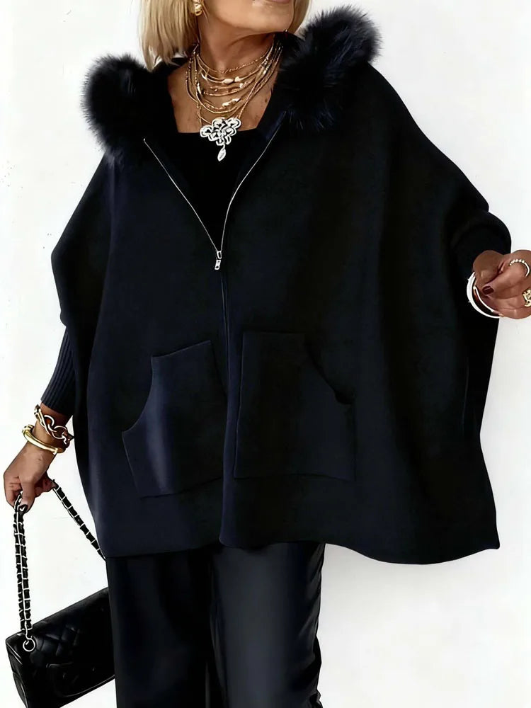 Elegant Fluffy Splicing Solid Loose Sweater Coat Autumn Winter Women Casual Knit Jacket Fashion Zip Long Sleeve Hooded Outercoat