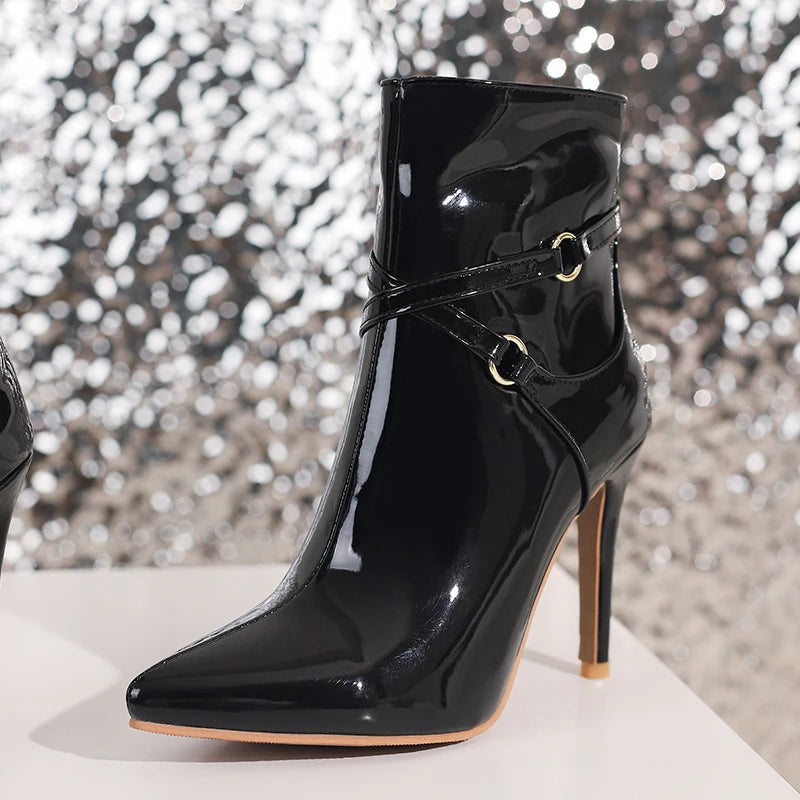 Glossy Patent Leather Pointed Toe Stiletto Ankle Boots for Women