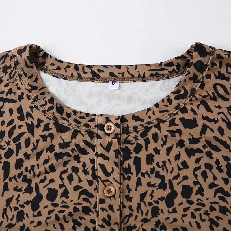 FAGADOER Fashion Leopard Print 2 Piece Sets Women Outfit Long Sleeve Crop Top + Low Waist Skinny Pants Suits Female Streetwear