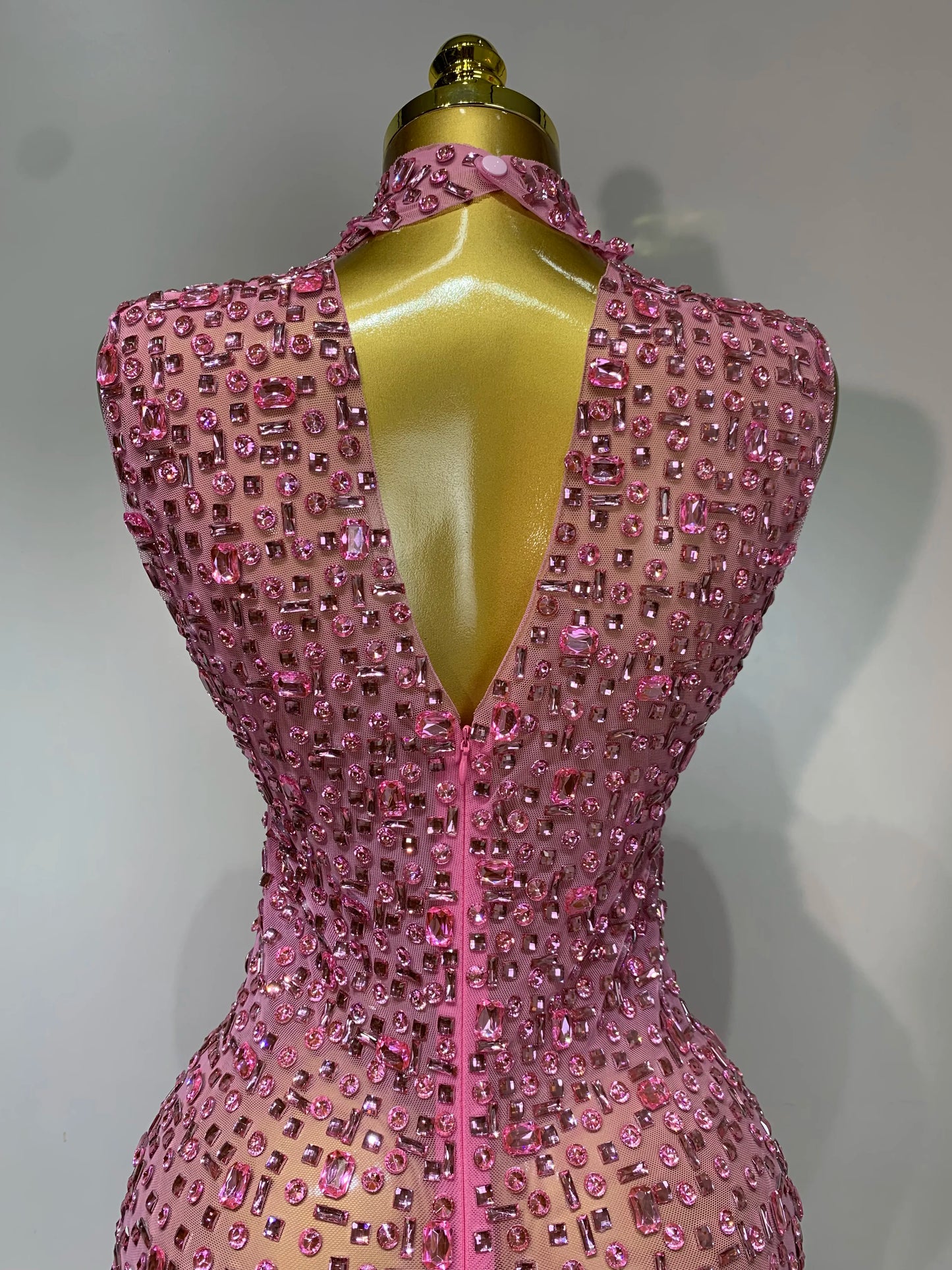 Sparkly Gold Rhinestone Sleeveless Stretch Long Dress Women Sexy Mesh Celebrate Evening Prom Birthday Dress Photo Shoot Wear