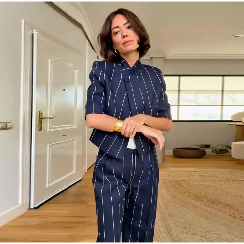 Elegant Striped Two Piece Coat and Pants Set for Women