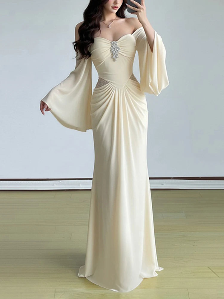 2026 Sexy Backless Draped Party Dress Elegant Strapless Flared Sleeves Evening Dress Women Fashion Hight Waist Solid Long Dress