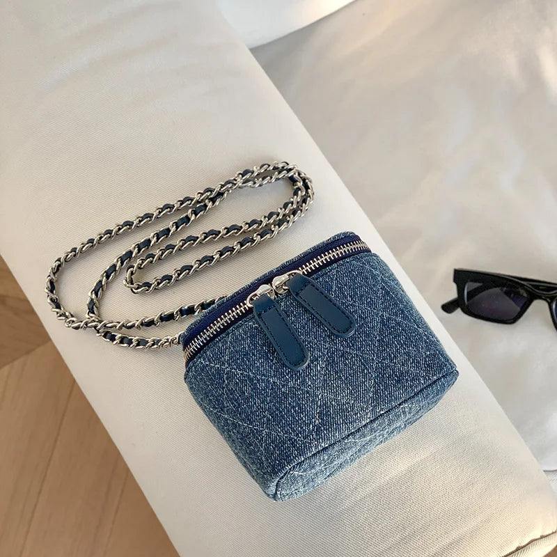 Mini Denim Crossbody Bag with Chain Strap for Women