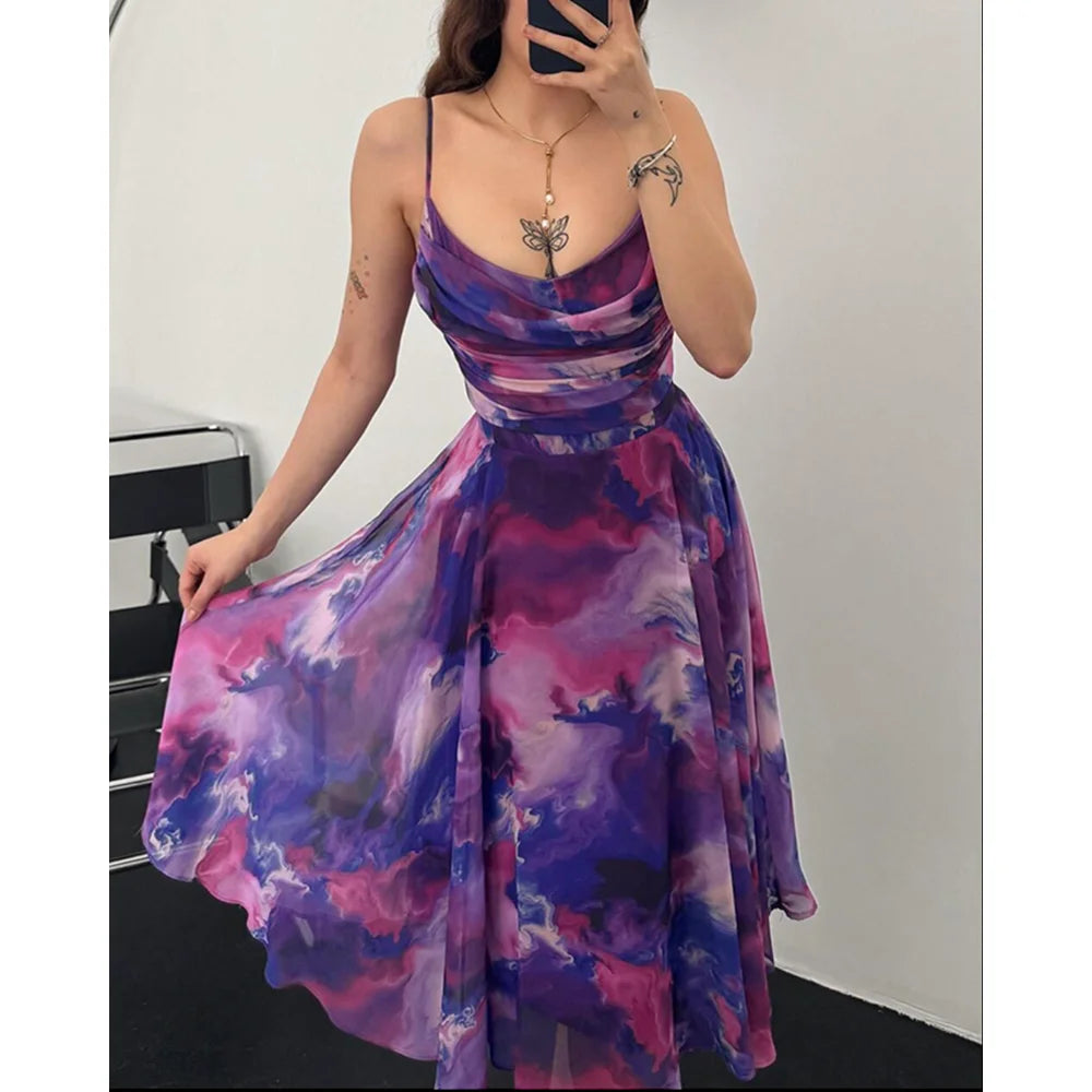 Summer Women Dress Ombre Print Spaghetti Strap Cowl Neck Dress Casual A Line Sheer Mesh Dress for Party Evening Vestidos