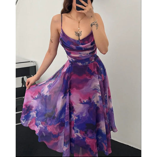 Summer Women Dress Ombre Print Spaghetti Strap Cowl Neck Dress Casual A Line Sheer Mesh Dress for Party Evening Vestidos
