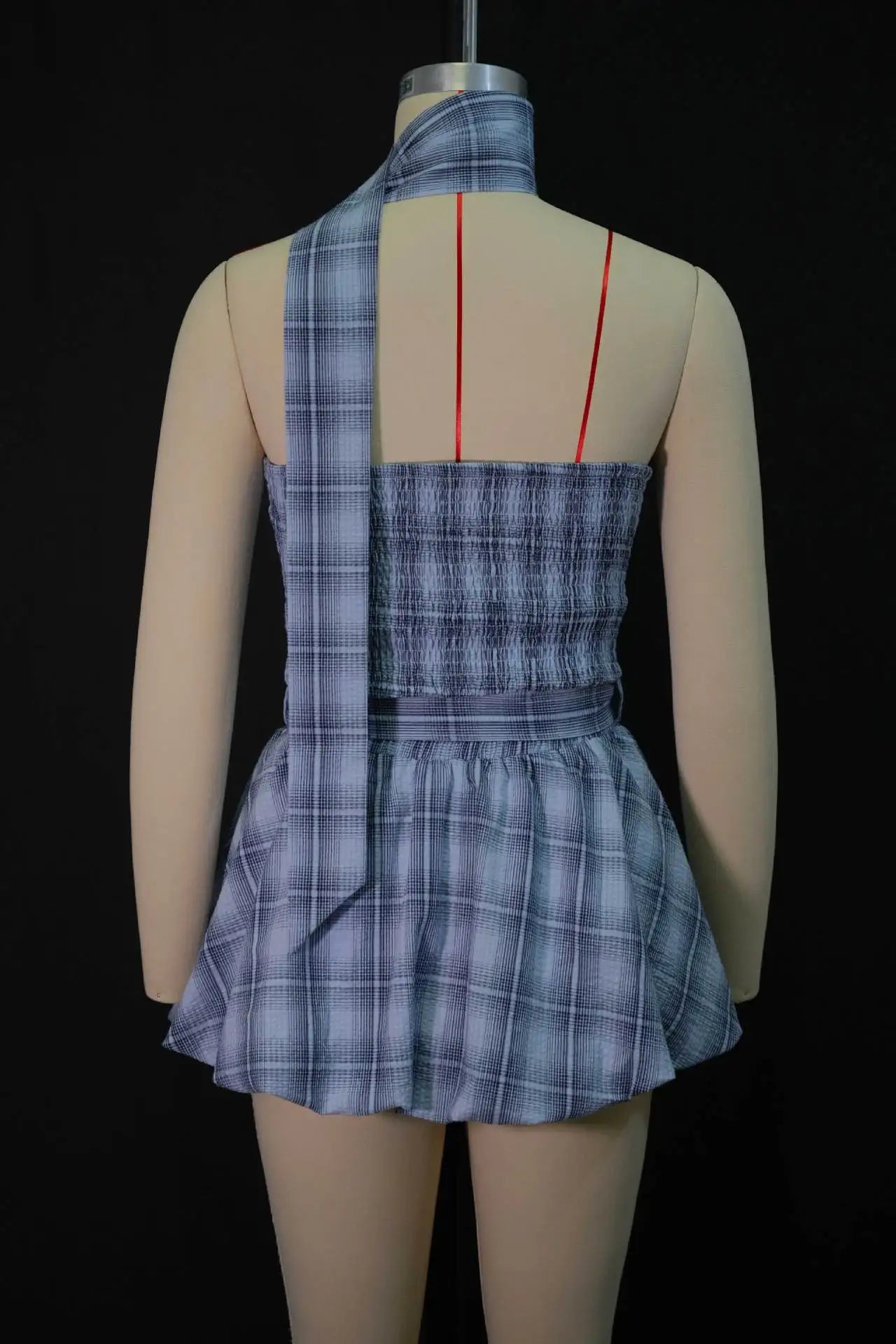 Blue Plaid Halter Cutout Mini Two Piece Set for Women