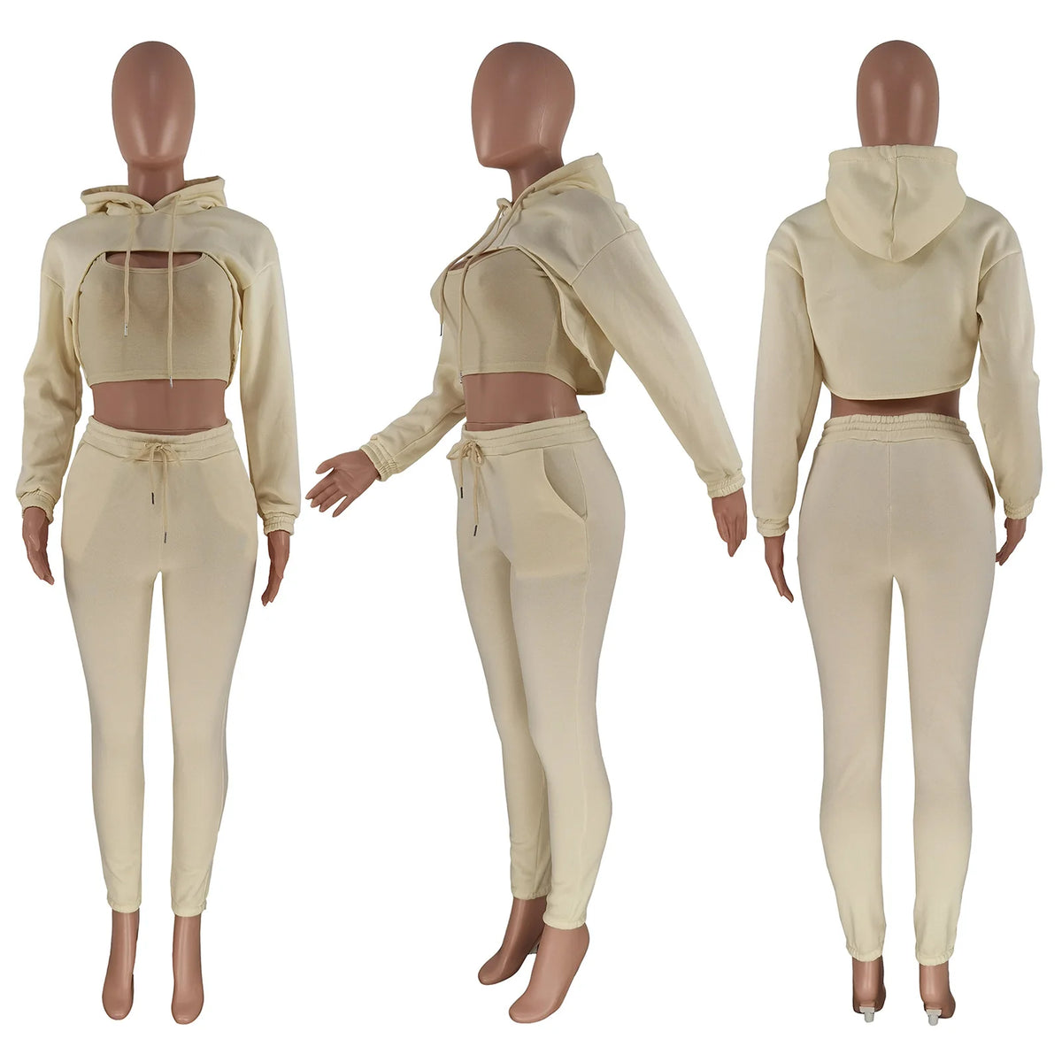 Three-Piece Hooded Sporty Matching Tracksuit Set for Women