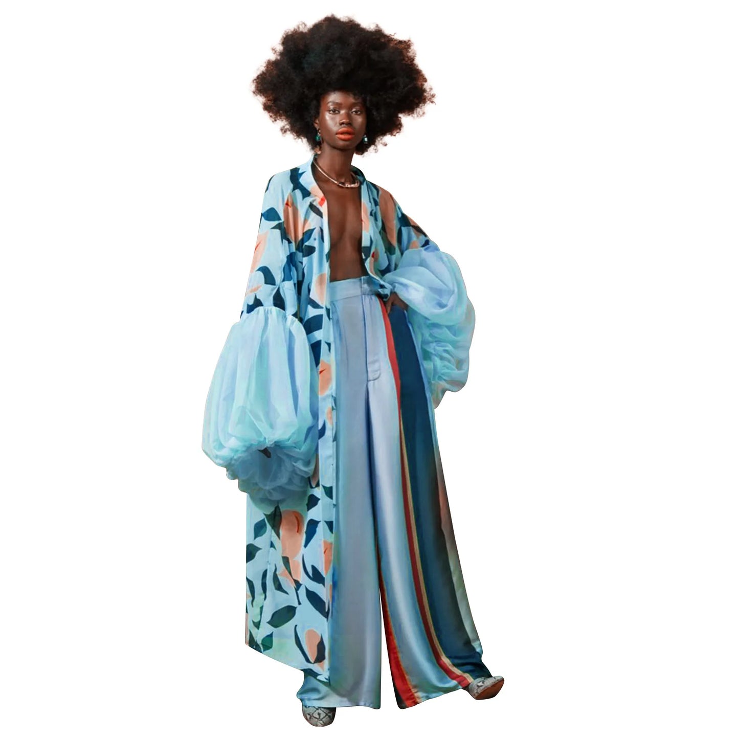 Vintage Floral Printed Chiffon Long Cardigan With Ruffle Sleeves for Women