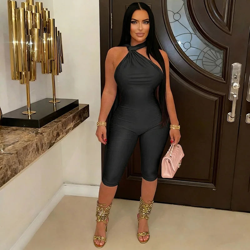 Sexy Ruched Backless Halter Bandage Jumpsuit for Women