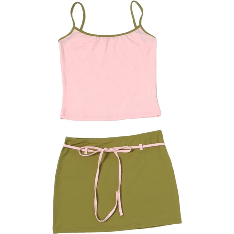Color Blocking Two Piece Set Backless Camisole And Tassel Skirt for Women