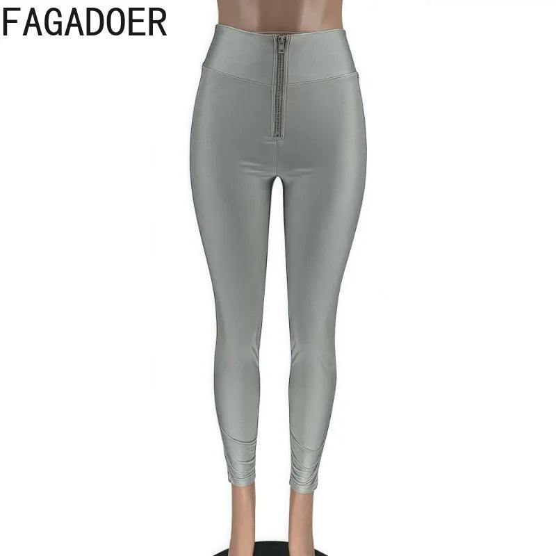 FAGADOER Summer New Fashion Zipper Patchwork Leggings Pants for Woman Solid Color High Waist Bodycon Pants Female Sportswear New