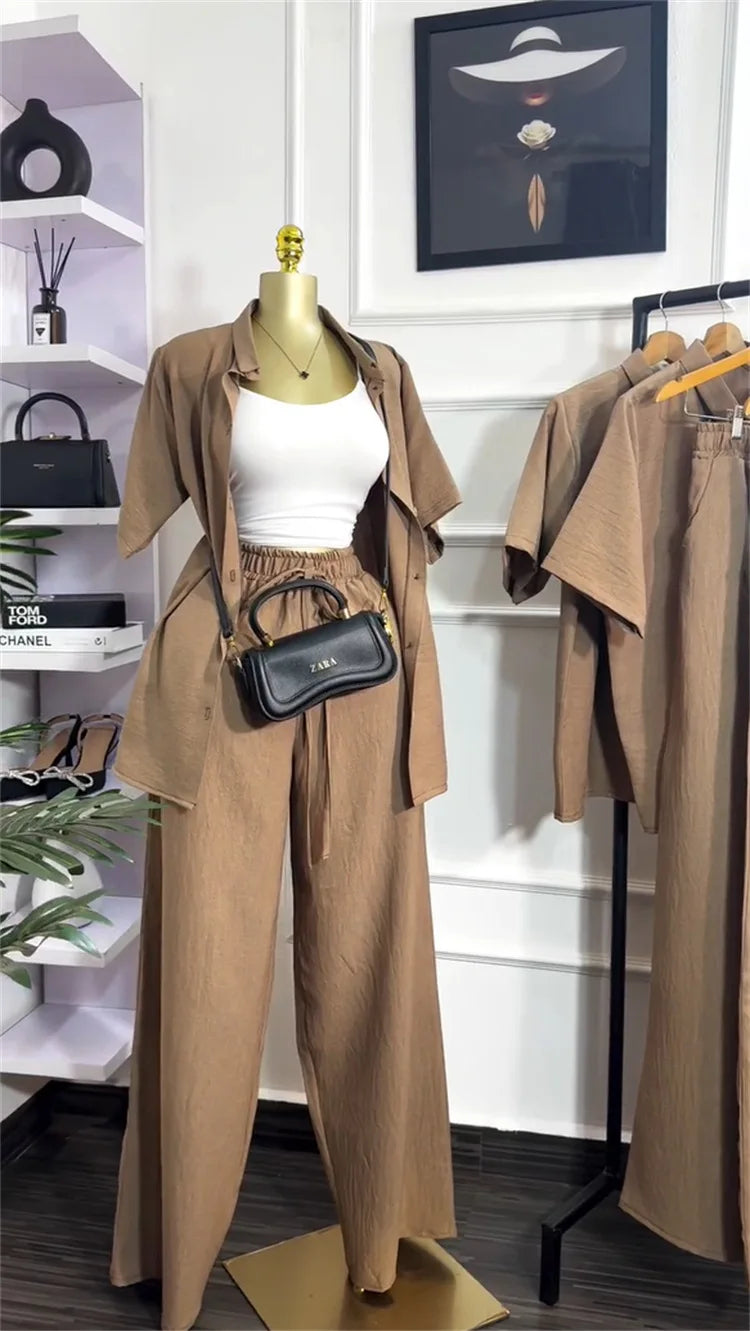 Casual Two Piece Shirt and Wide Leg Pants Set for Women