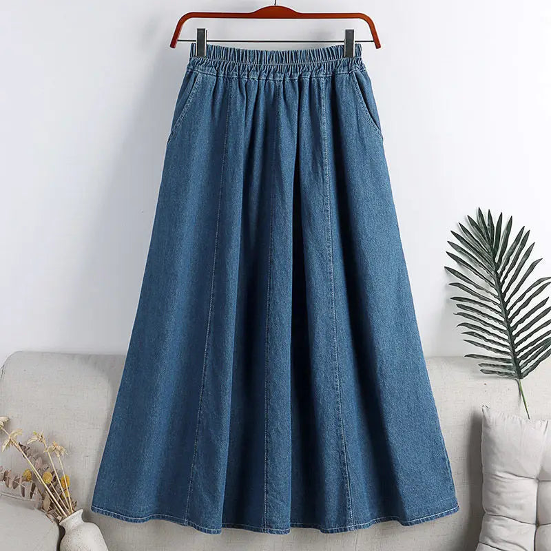 Classic Retro Denim Midi Regular Fit Skirt For Women