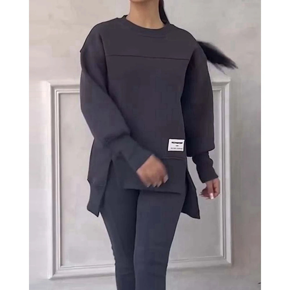 Sporty O-neck Long Sleeve Asymmetrical Sweatshirt & Skinny Pants Set Two Piece Outfits Tracksuit Sets Fall Clothing