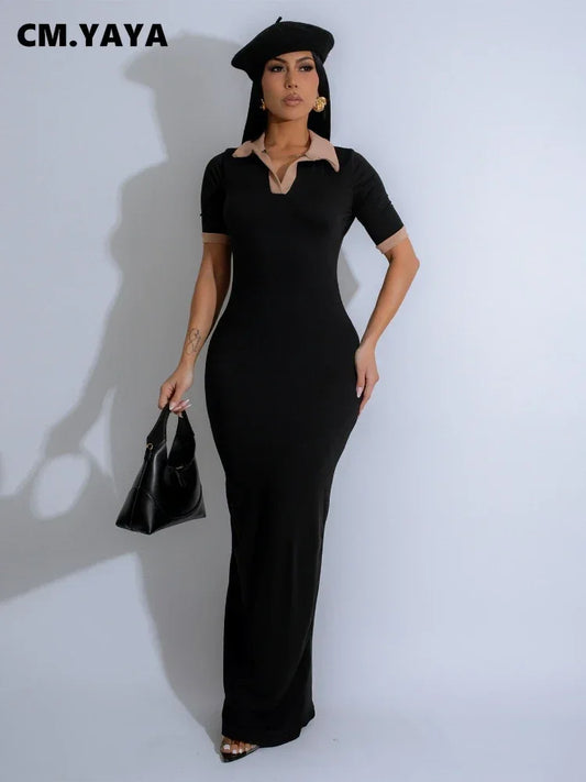 CM.YAYA Knitted V-Neck Women Short Sleeve Bodycon Long Dress 2025 Summer Sexy Night Club Birthday Party Active Maxi Dresses