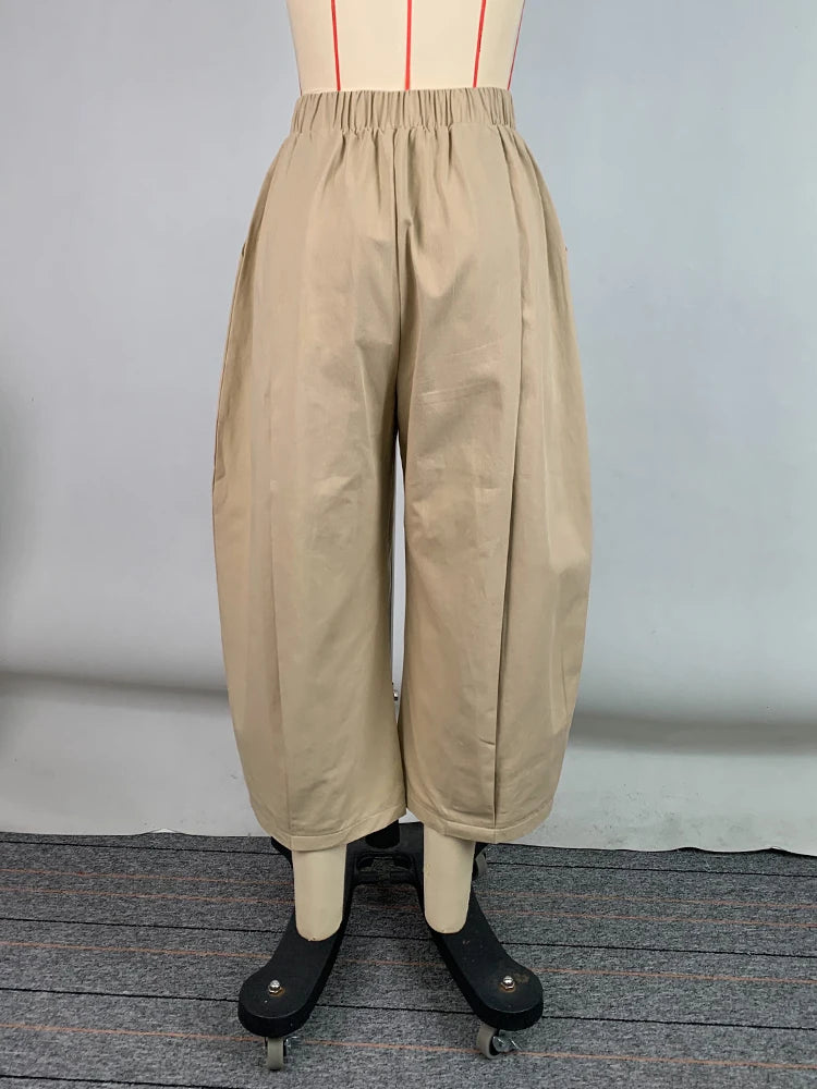 Beautyblue Women's Cropped Pants Khaki Wide-leg Pants 2025 Summer Loose Folds Pocket Elastic Waist Casual Sports Trousers Female