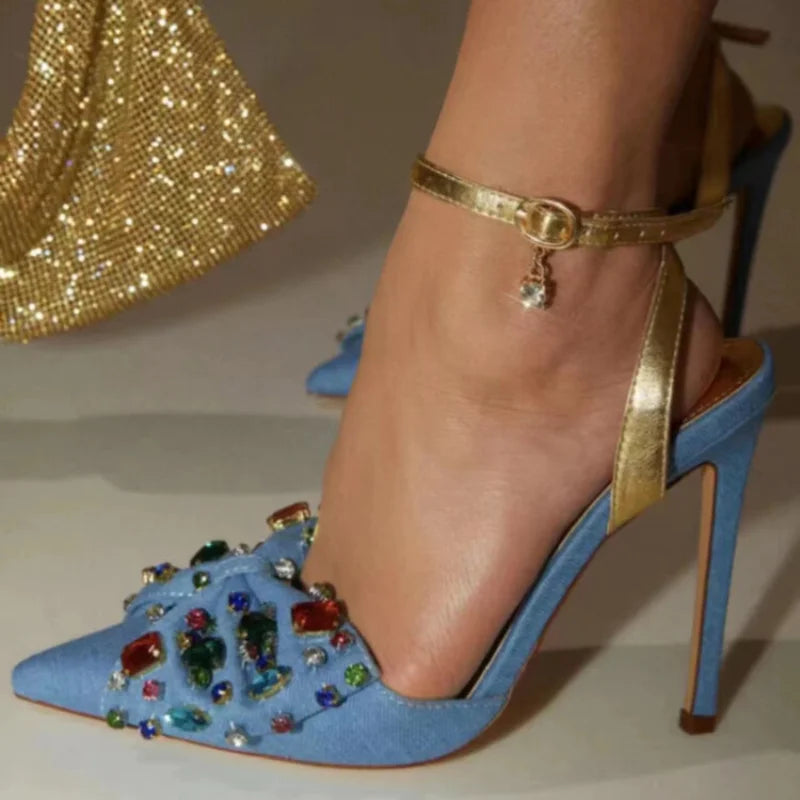 Crystal Rhinestone Bow Denim Pointed High Heel Sandals for Women