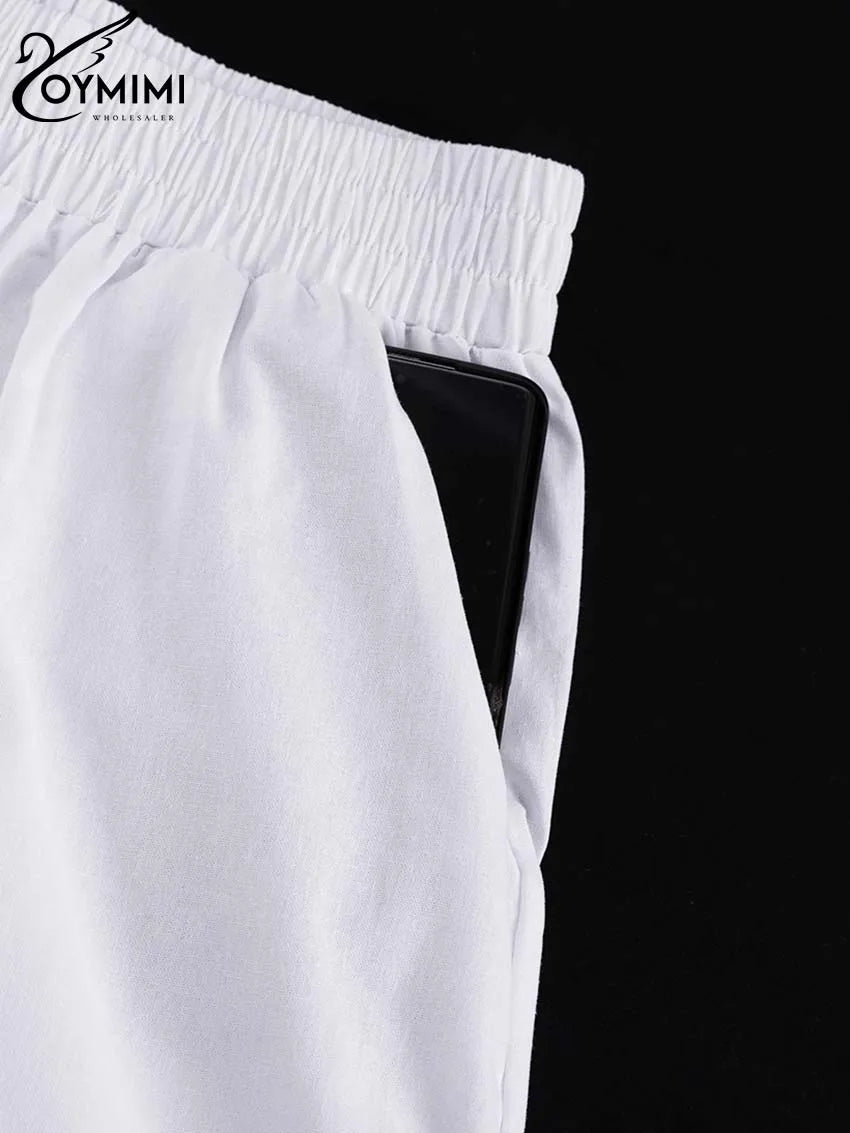 Oymimi Elegant White Cotton Sets For Women 2 Pieces Casual Lapel Long Sleeve Button Shirts And Ruffled Ankle-Length Pants Sets