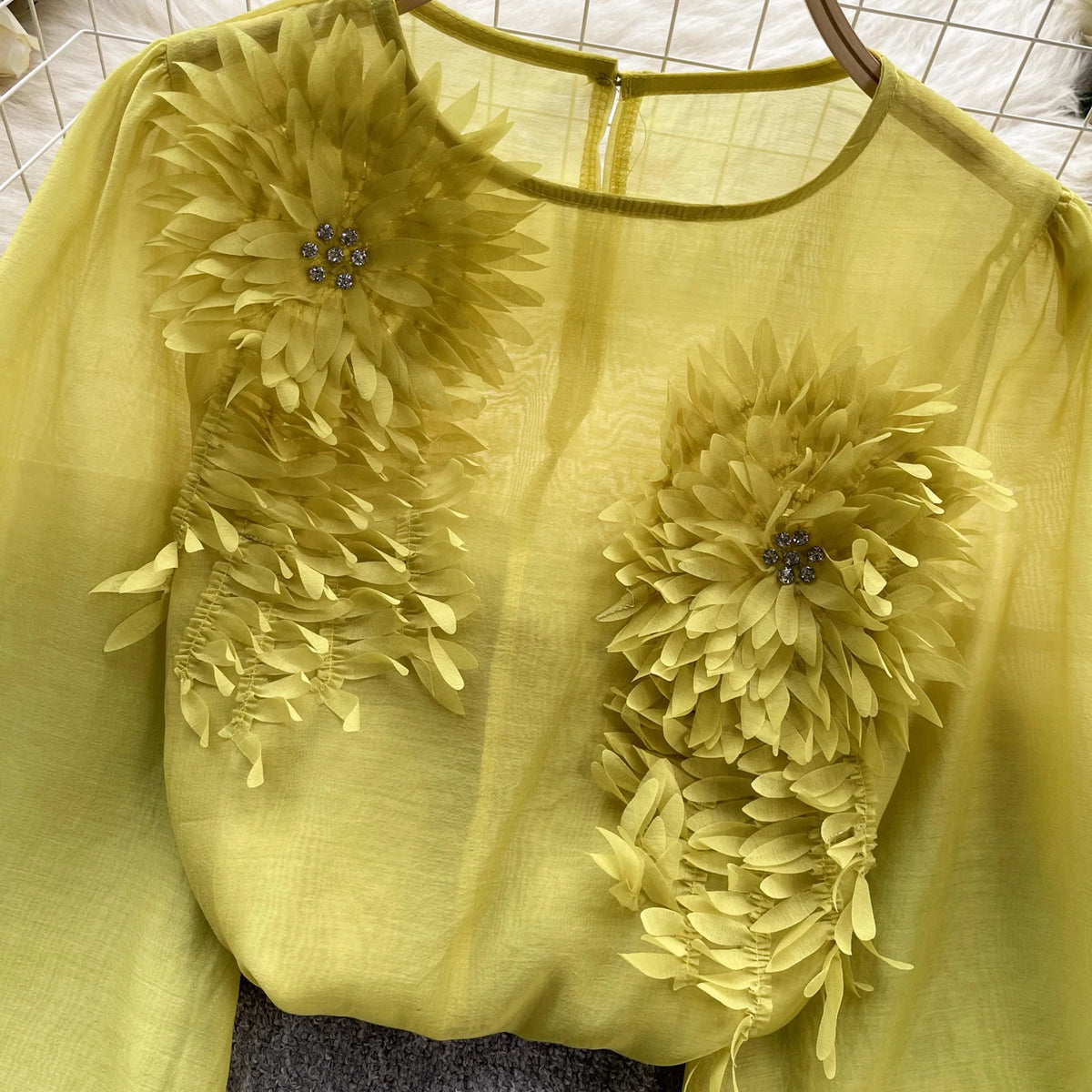 Sheer Floral Bohemian Long Sleeve Satin Blouse for Women