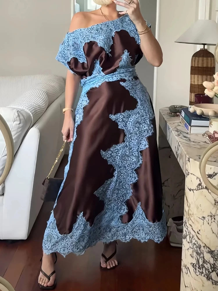 Lace Patchwork Short Sleeve Slash Neck Maxi Dress for Women