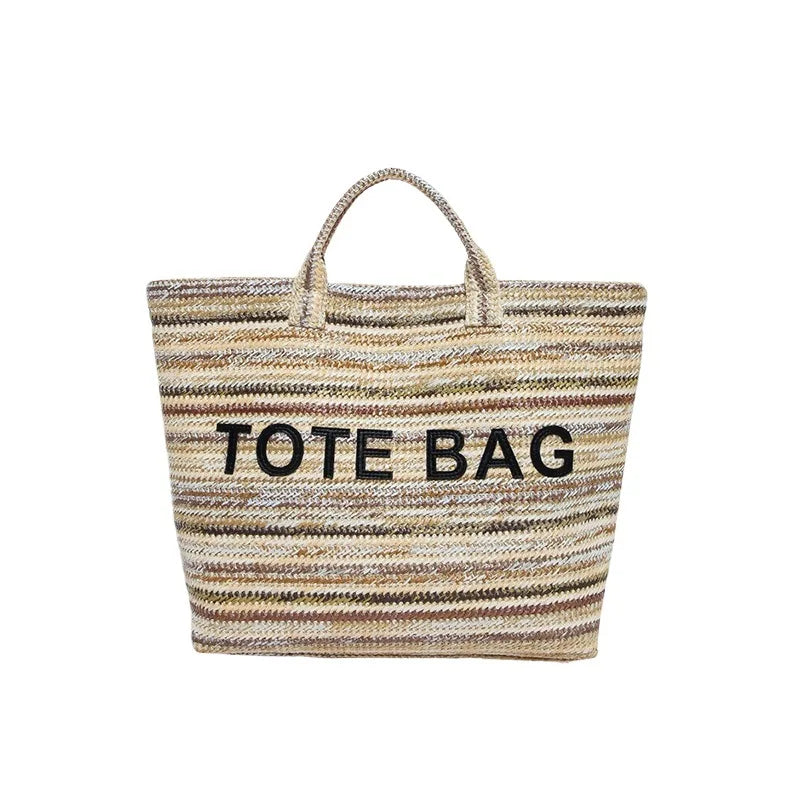 New straw woven bag, large capacity tote bag, crossbody striped letter contrasting beach bag