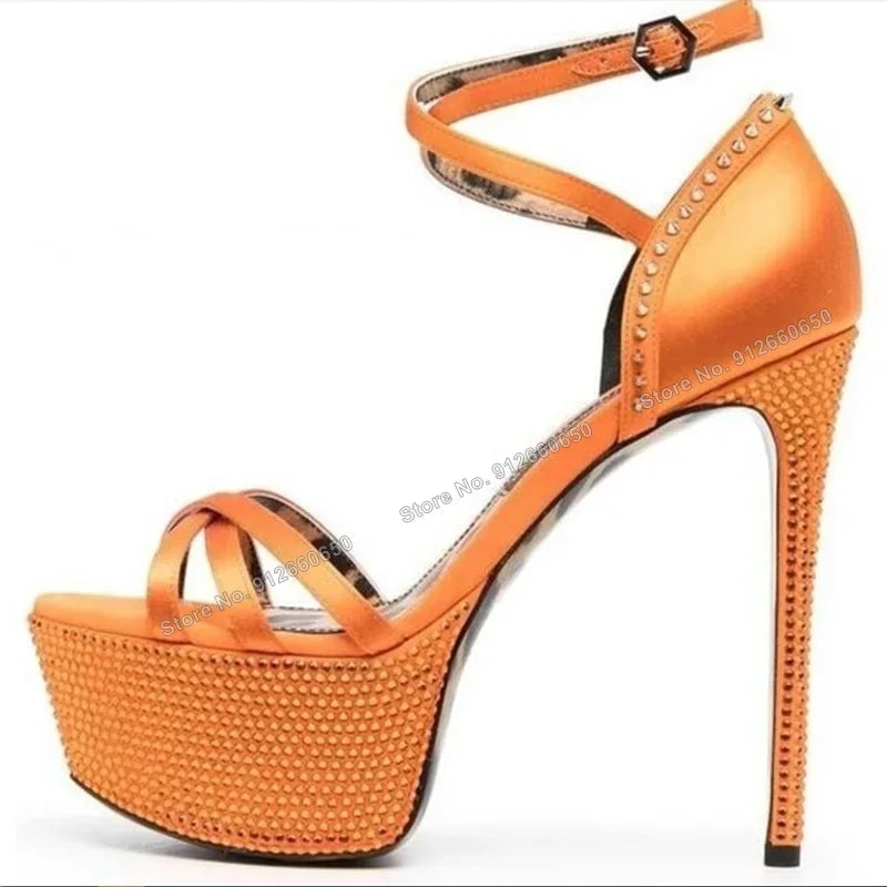 Yellow Crystal Rivet Peep Toe Platform Stiletto Sandals For Women